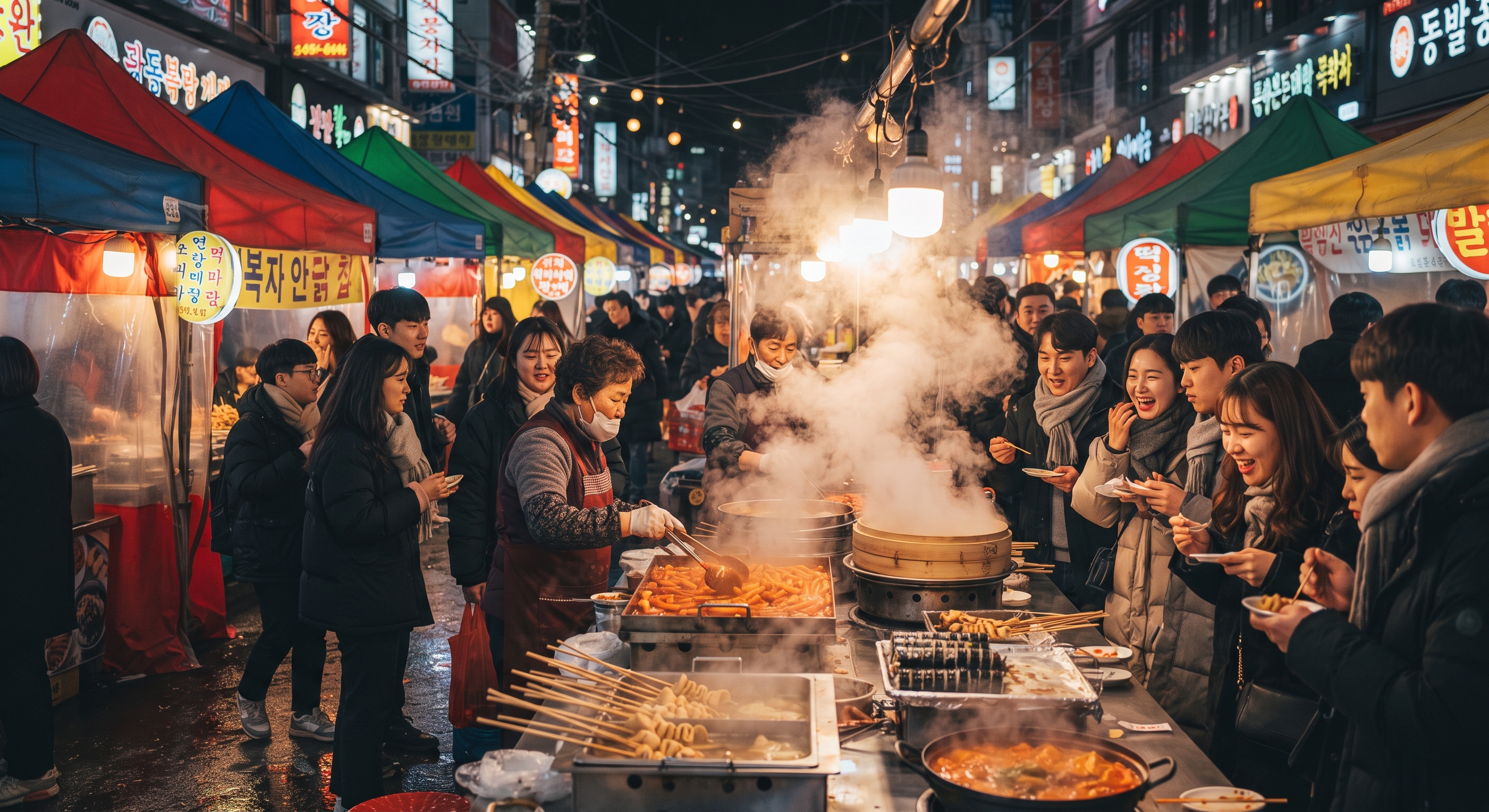 Bustling Korean street food stall with steam rising from various dishes
