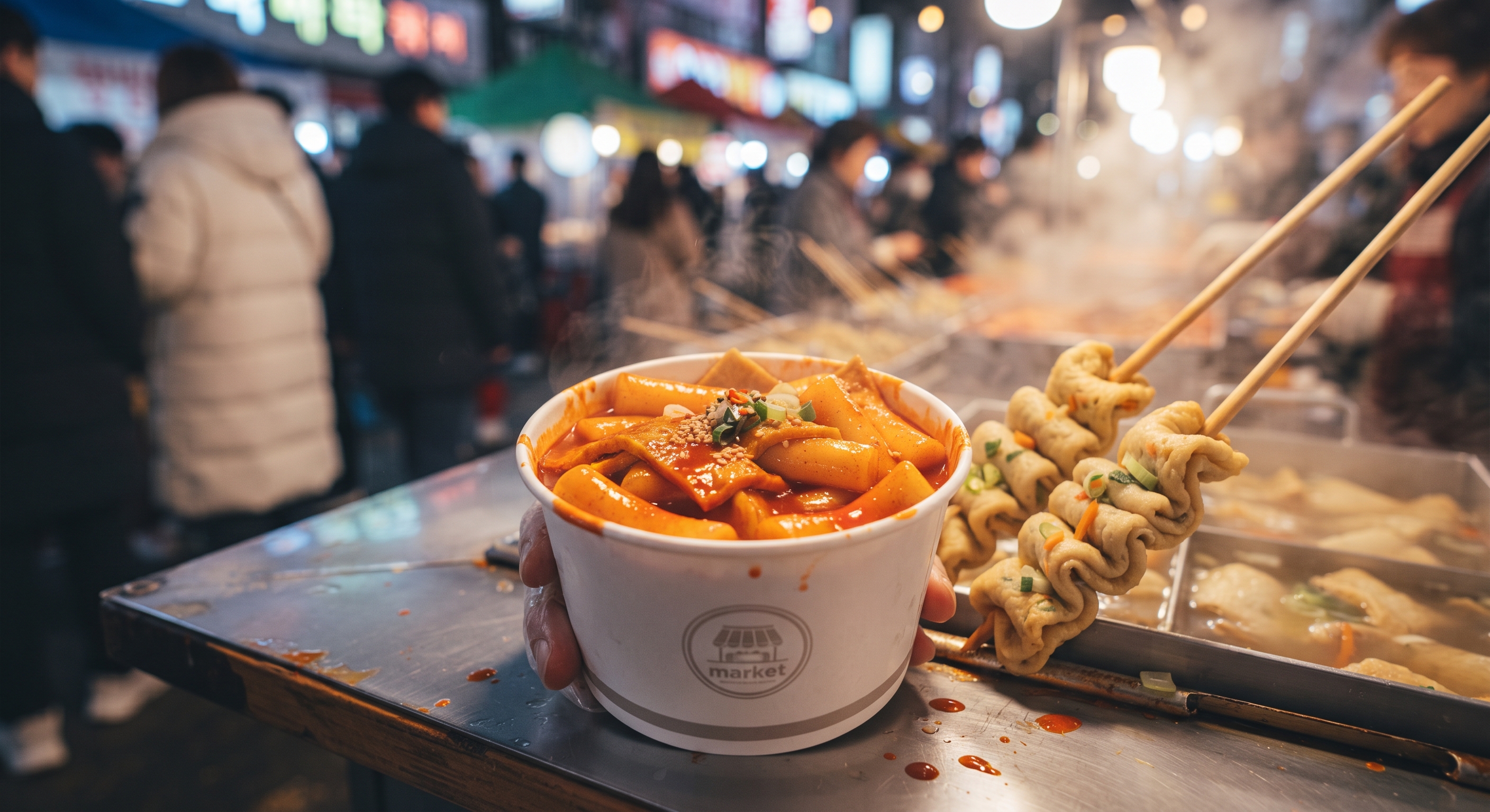 Tteokbokki in a paper cup with fish cakes on skewers