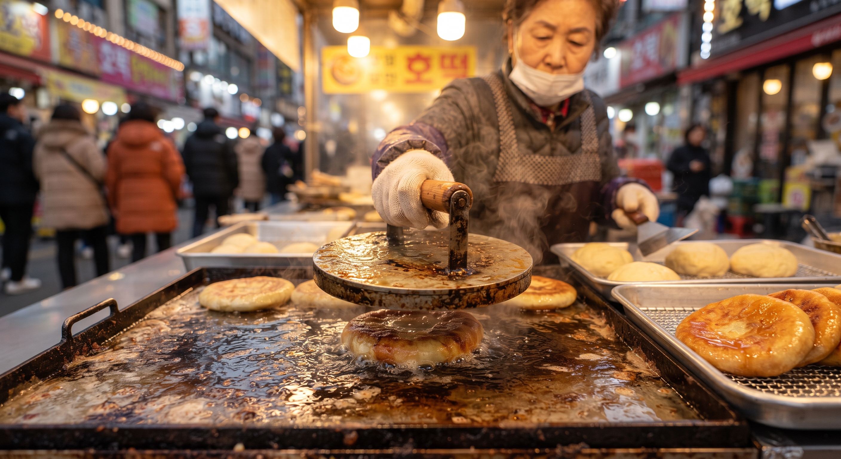 Korean hotteok pancake being cooked on a griddle