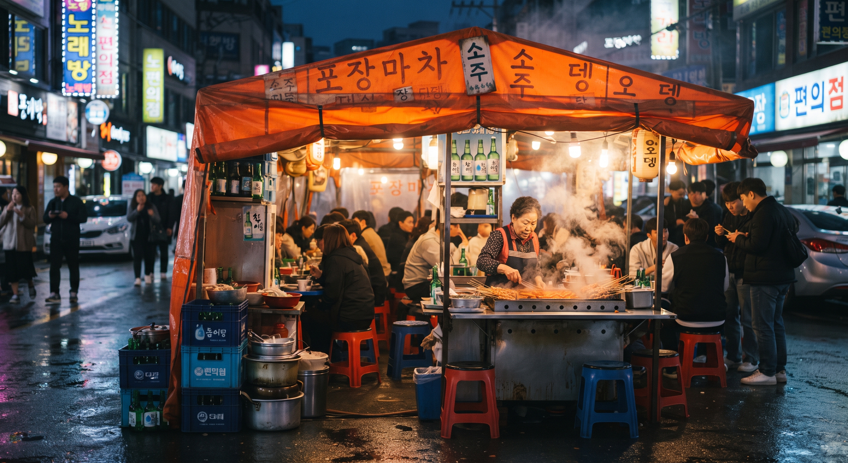Pojangmacha tent restaurant with orange canopy at night