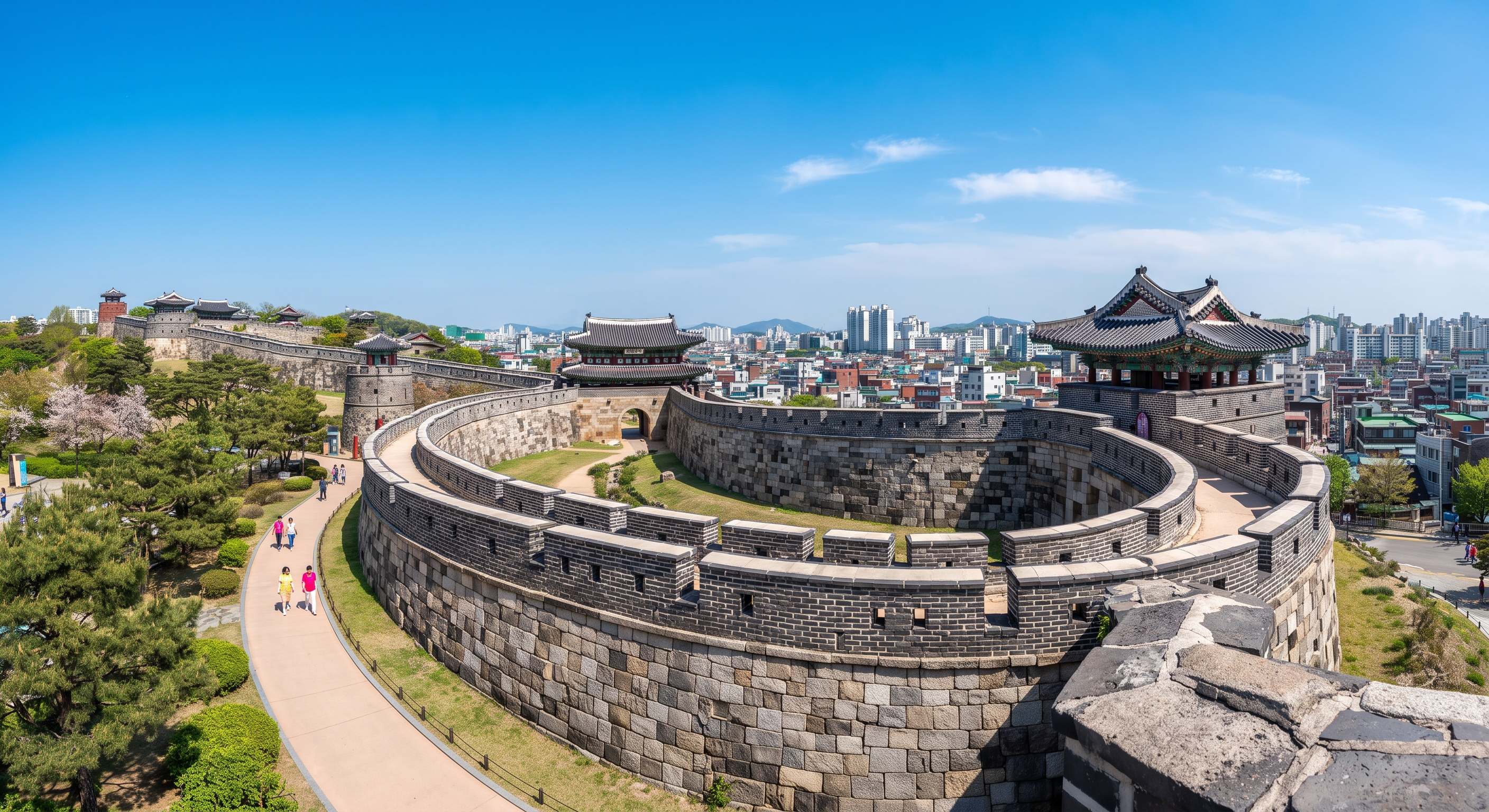 Traditional Korean fortress walls in Suwon