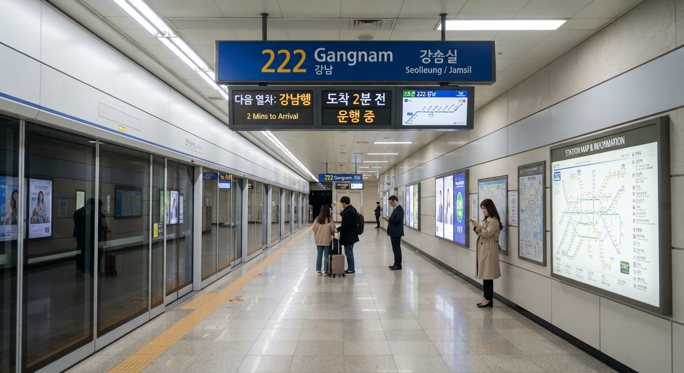 Seoul subway station platform with bilingual signage