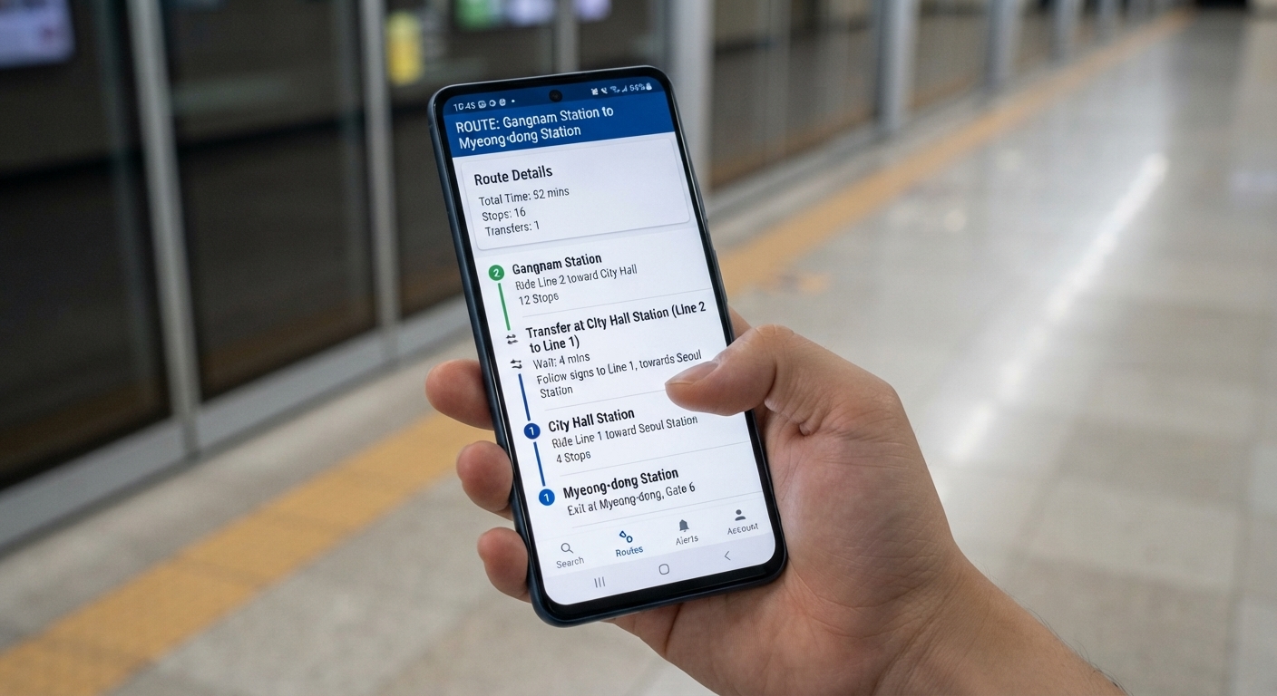 Smartphone showing Korean subway navigation app interface