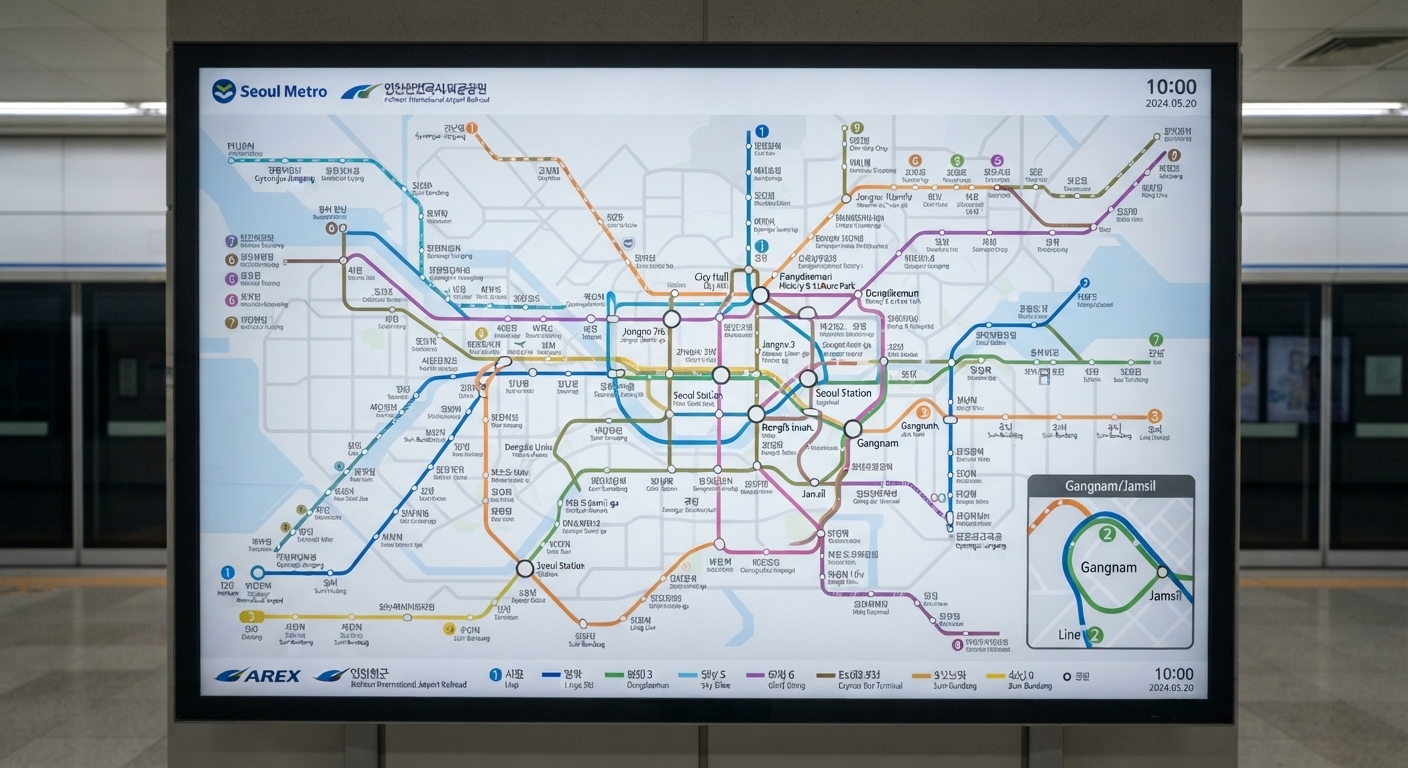 Seoul subway map showing multiple colored metro lines