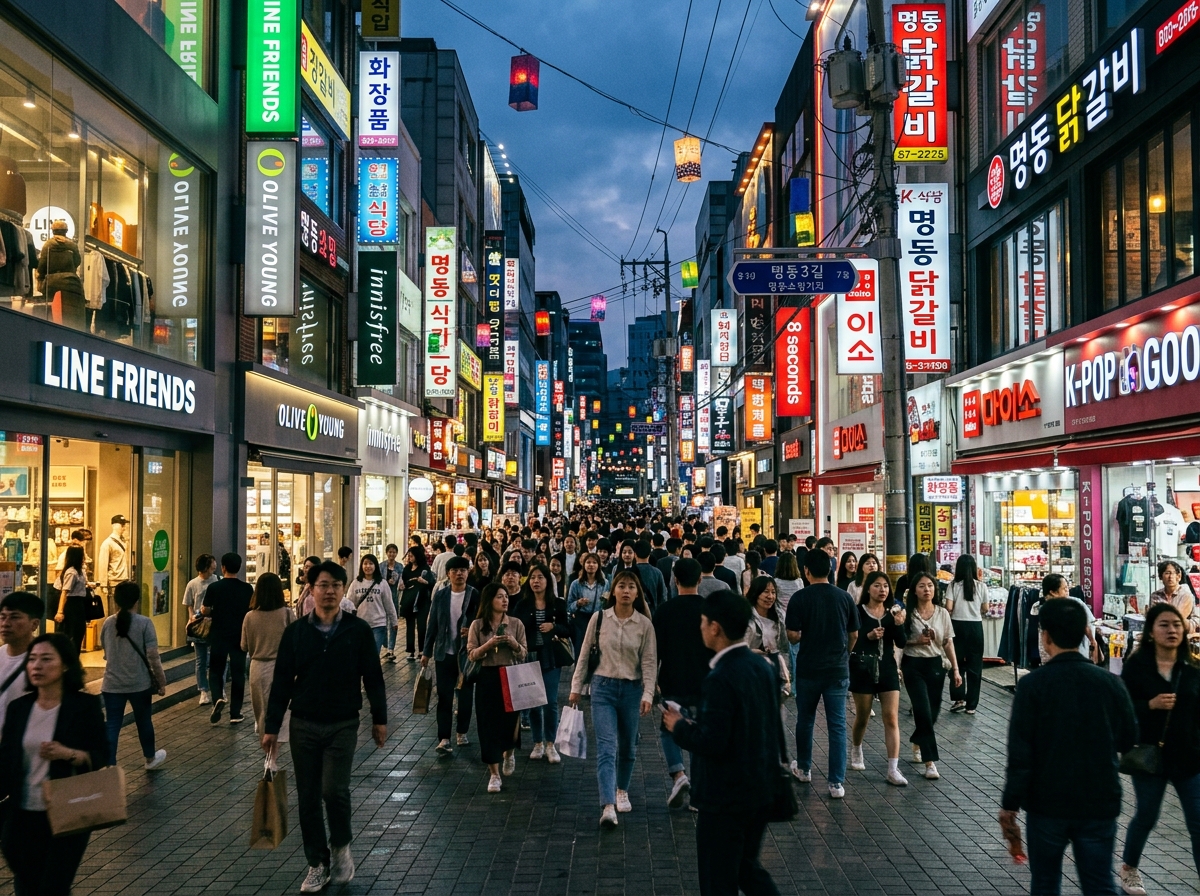 Busy street in Myeongdong Seoul with shops and pedestrians
