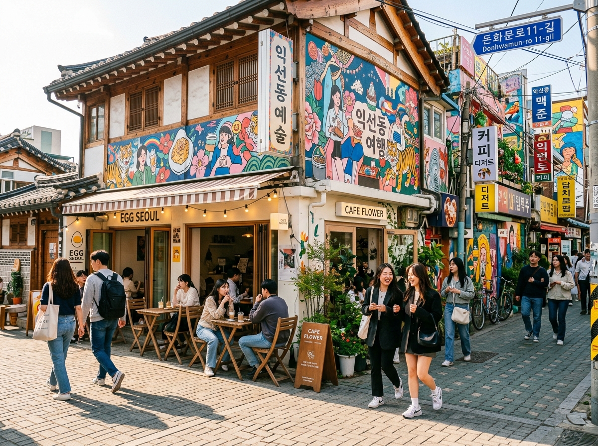 Vibrant street scene in Hongdae with murals and cafes
