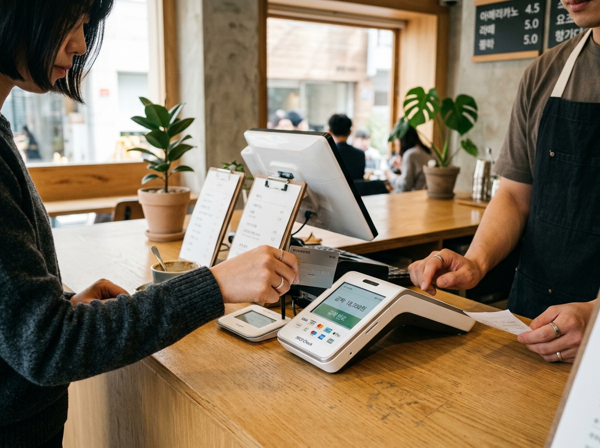 Person paying with card at Korean cafe counter
