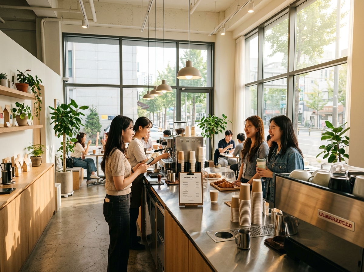 Modern Seoul café interior with customers ordering at counter