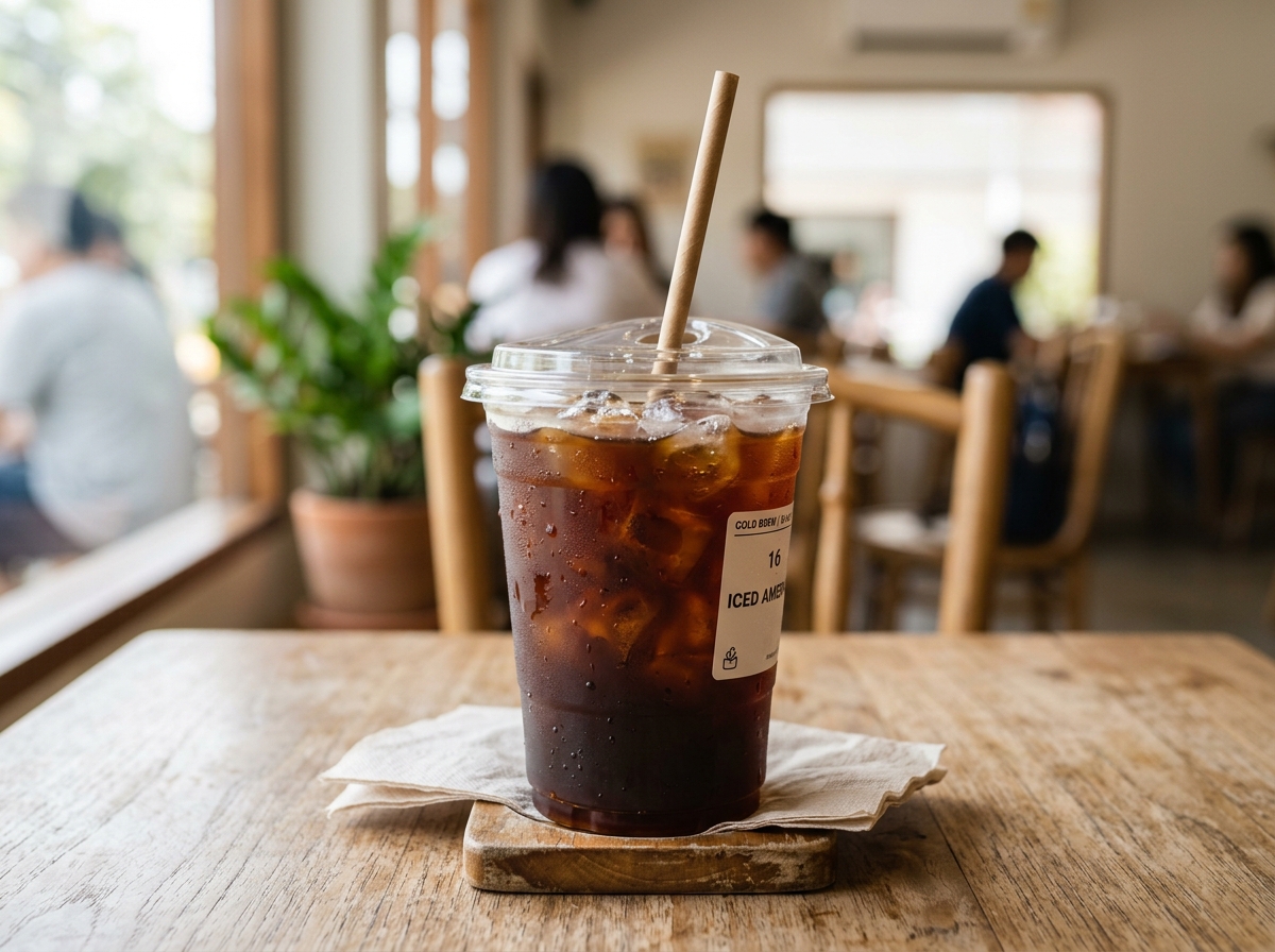 Iced Americano in a clear plastic cup