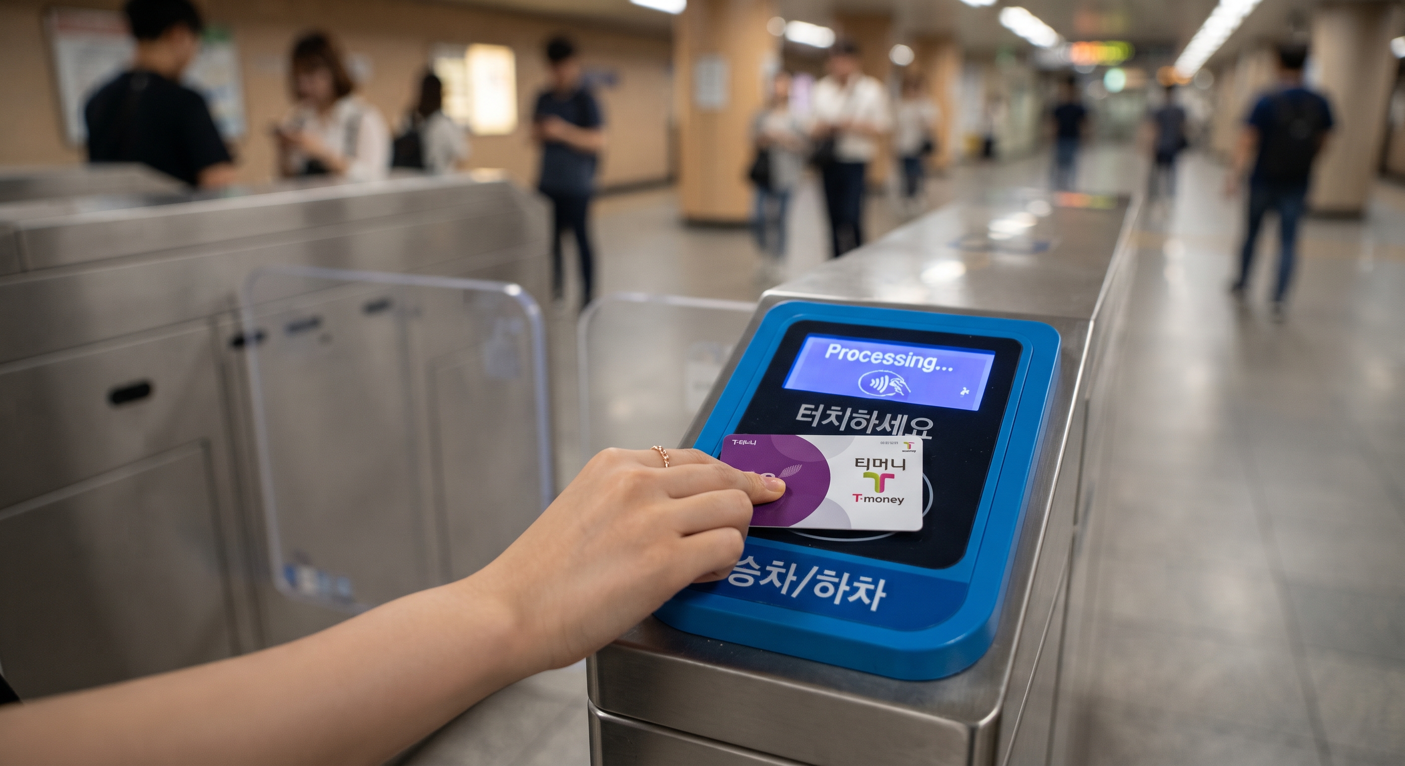 T-money card being tapped on a subway card reader in Seoul