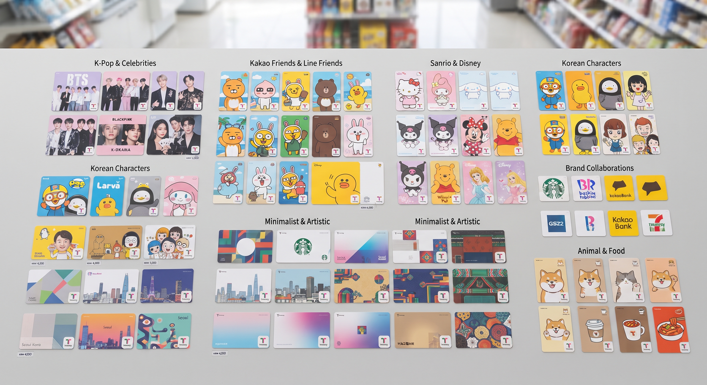 Different designs of T-money cards available in Korea