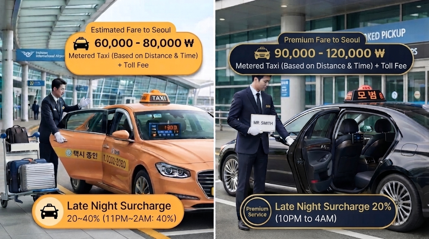 Taxi stand at Incheon Airport with various taxi types