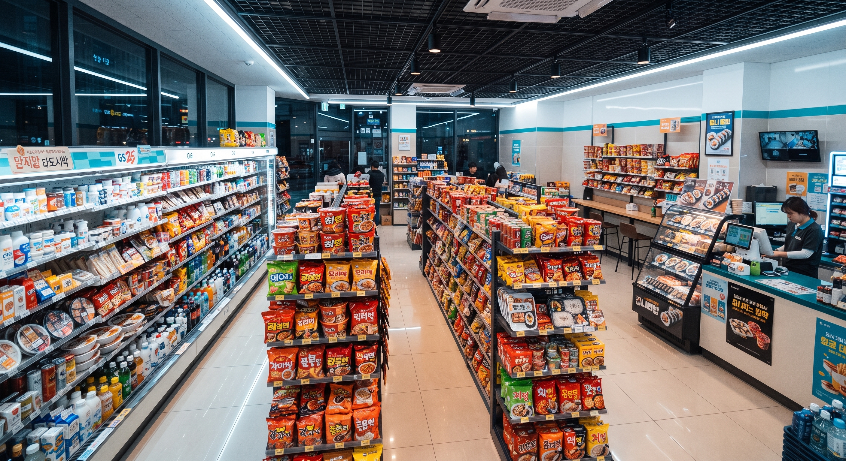 Colorful shelves packed with Korean snacks at a convenience store