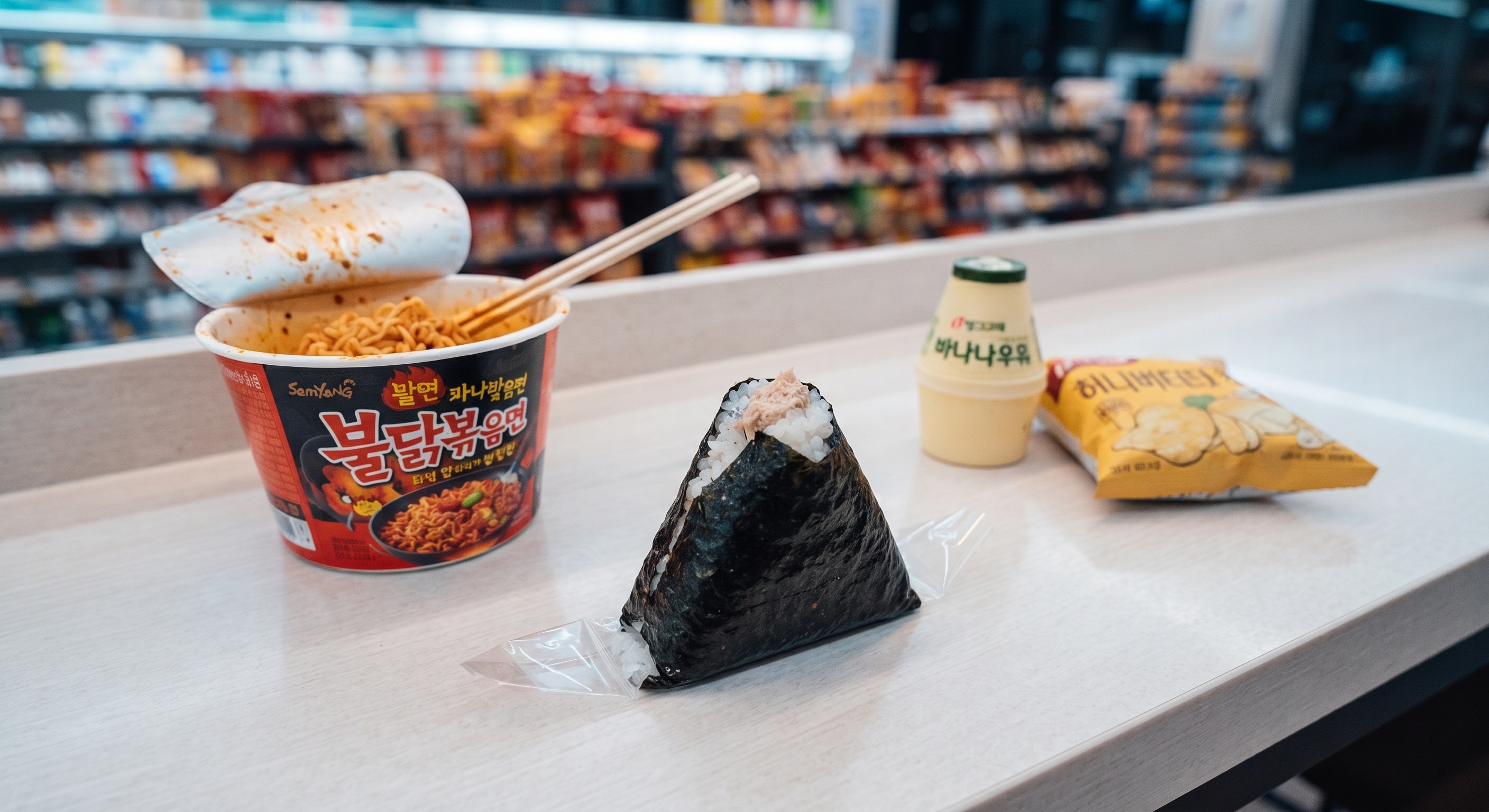 Triangle kimbap and instant noodles on a convenience store table