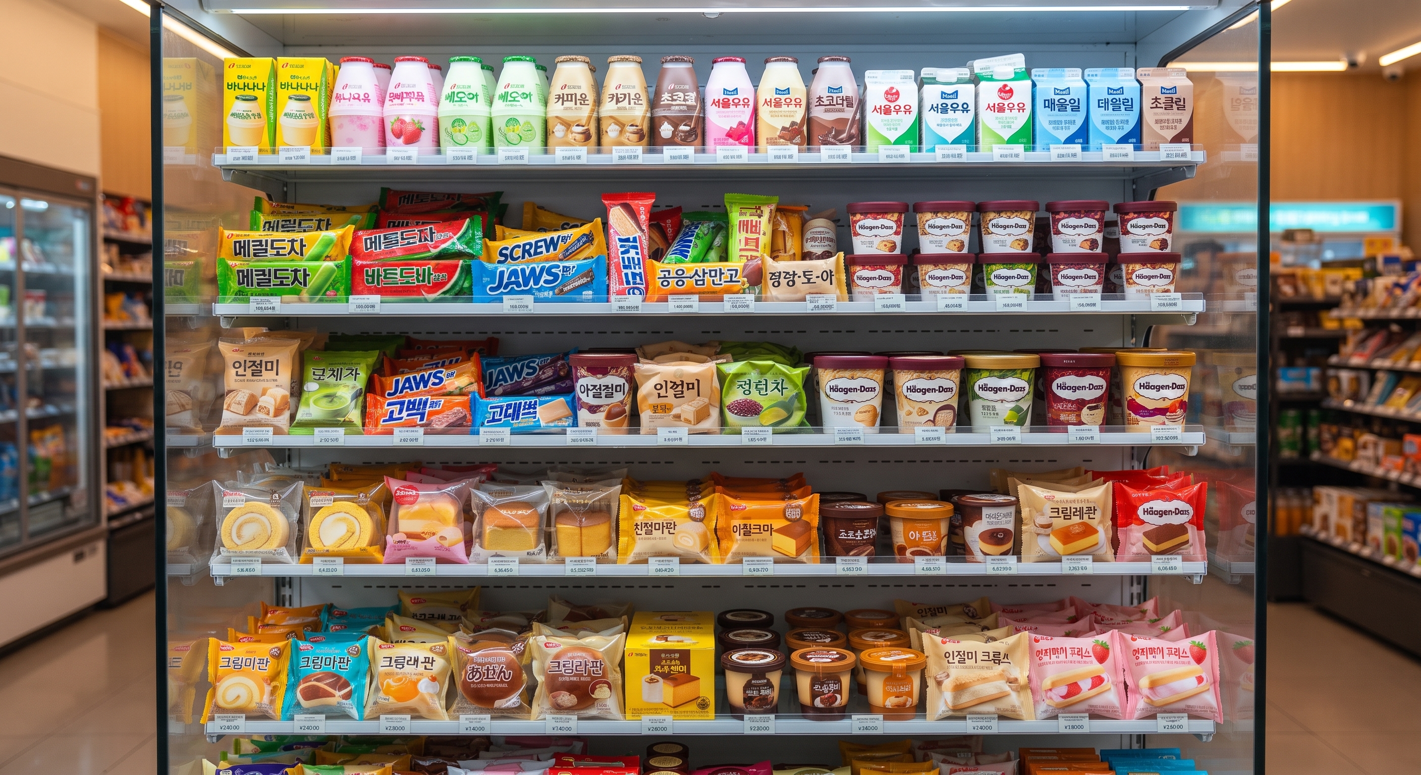 Korean convenience store desserts and drinks display