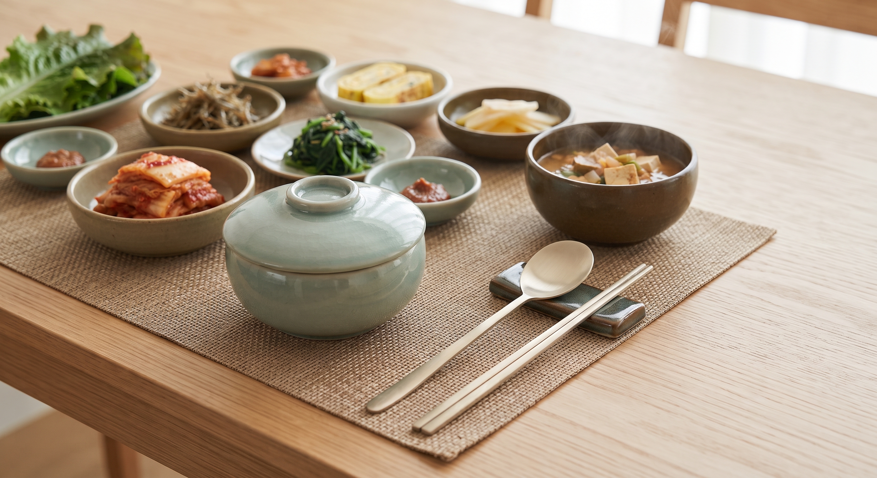 Metal chopsticks and spoon on Korean table setting