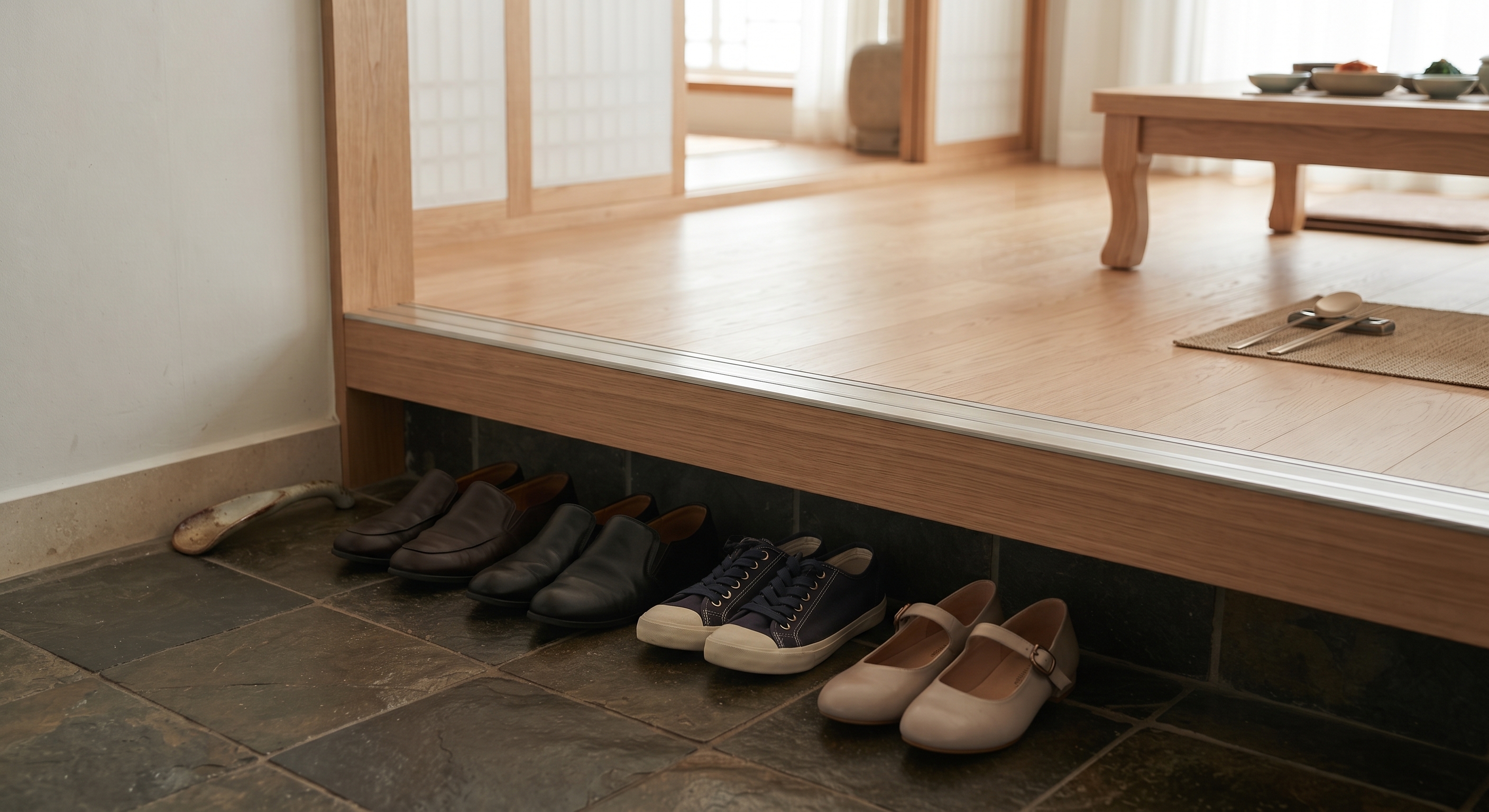 Person removing shoes at entrance of Korean home