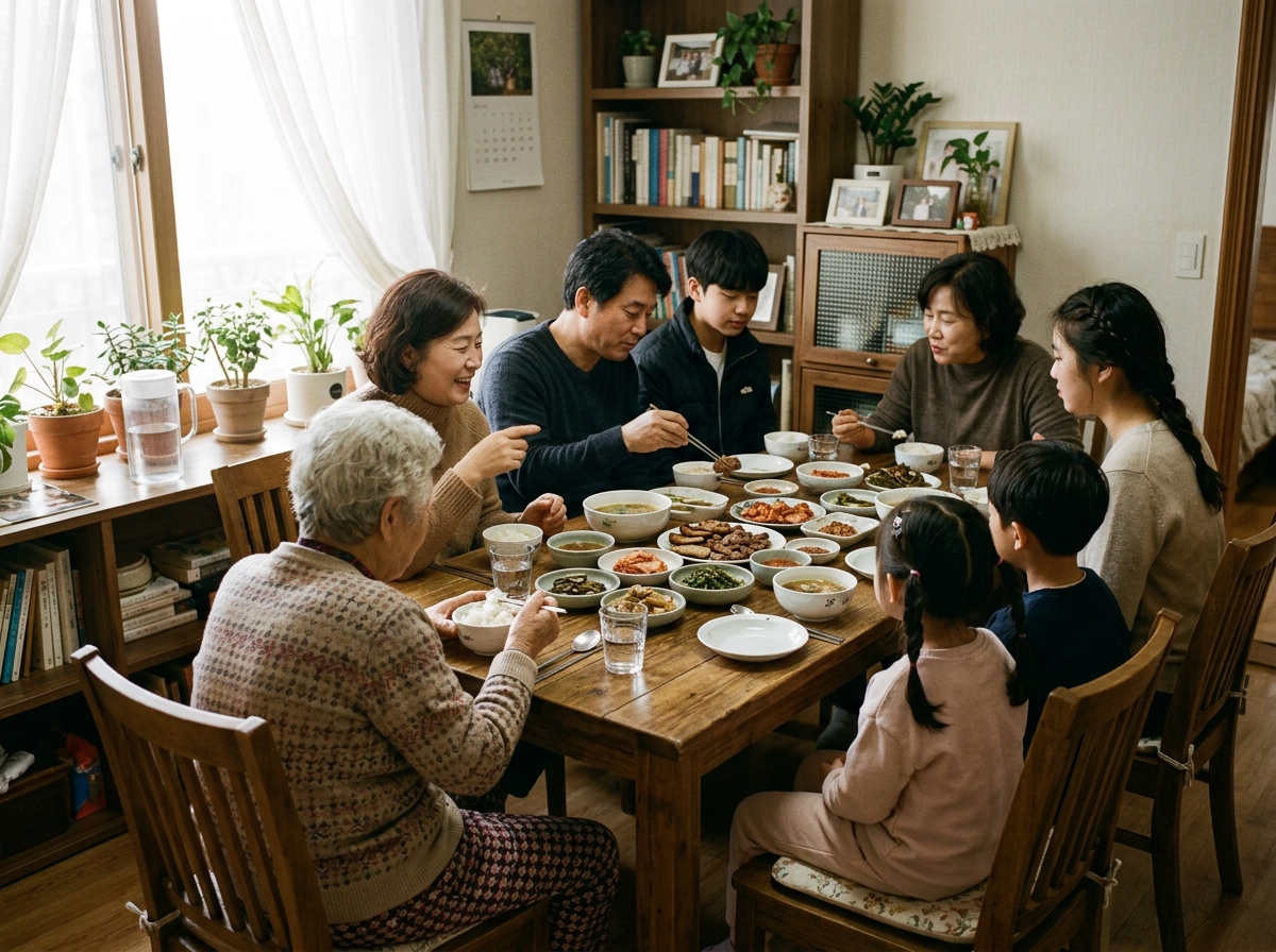 Korean family gathering around a table